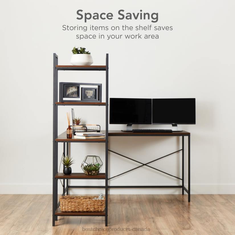 4LT2647 Brown/Black Best Choice Products L-Shaped Computer Desk, Study Workstation w/ 5-Tier Open Storage Bookshelf