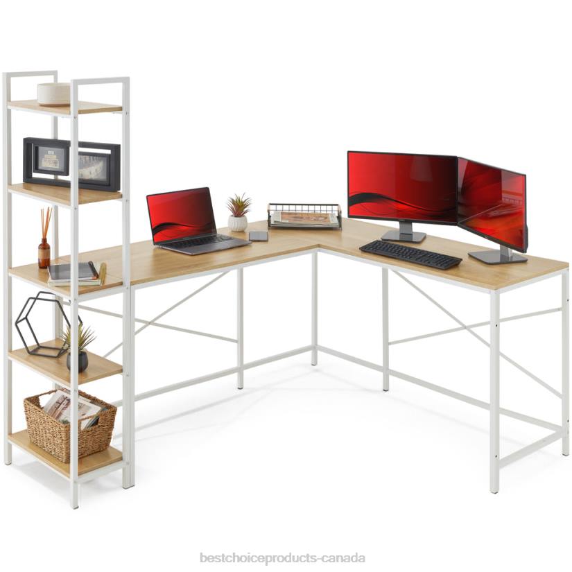 4LT2649 White Oak Best Choice Products L-Shaped Computer Desk, Study Workstation w/ 5-Tier Open Storage Bookshelf