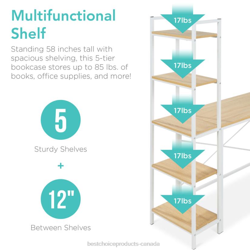 4LT2649 White Oak Best Choice Products L-Shaped Computer Desk, Study Workstation w/ 5-Tier Open Storage Bookshelf