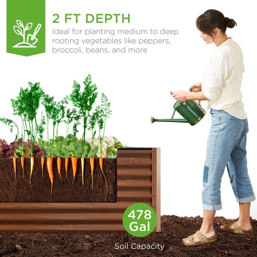 4LT2440 Wood Grain Best Choice Products Outdoor Metal Raised Garden Bed for Vegetables, Flowers, Herbs