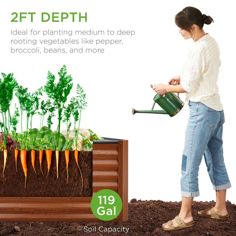 4LT2457 Wood Grain Best Choice Products Outdoor Metal Raised Garden Bed for Vegetables, Flowers, Herbs