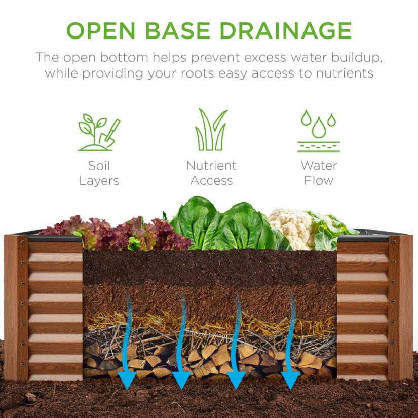 4LT2457 Wood Grain Best Choice Products Outdoor Metal Raised Garden Bed for Vegetables, Flowers, Herbs