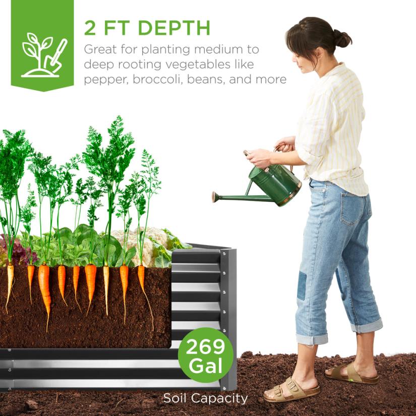 4LT2458 Gray Best Choice Products Outdoor Metal Raised Garden Bed for Vegetables, Flowers, Herbs