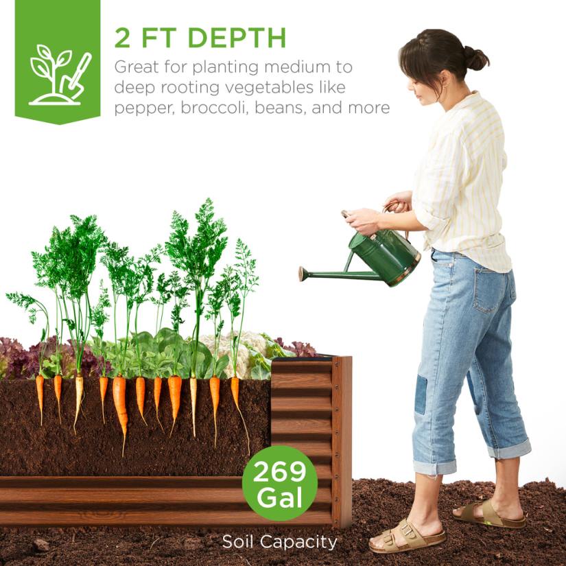 4LT2460 Wood Grain Best Choice Products Outdoor Metal Raised Garden Bed for Vegetables, Flowers, Herbs