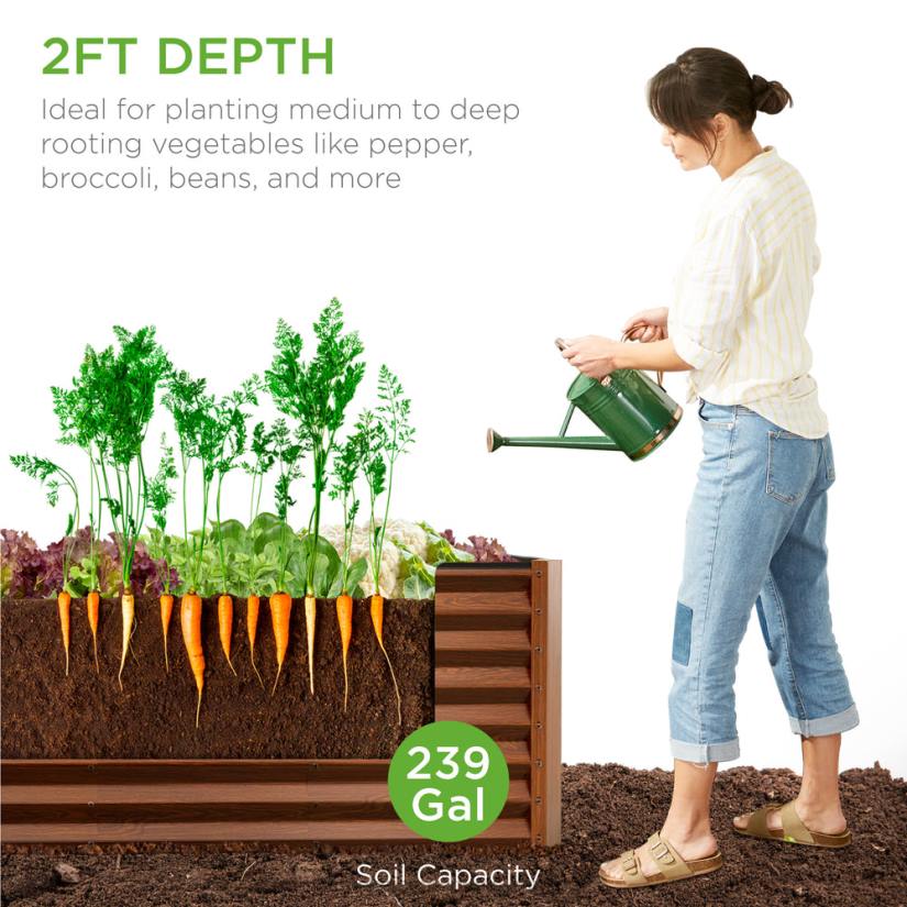4LT2470 Wood Grain Best Choice Products Outdoor Metal Raised Garden Bed for Vegetables, Flowers, Herbs