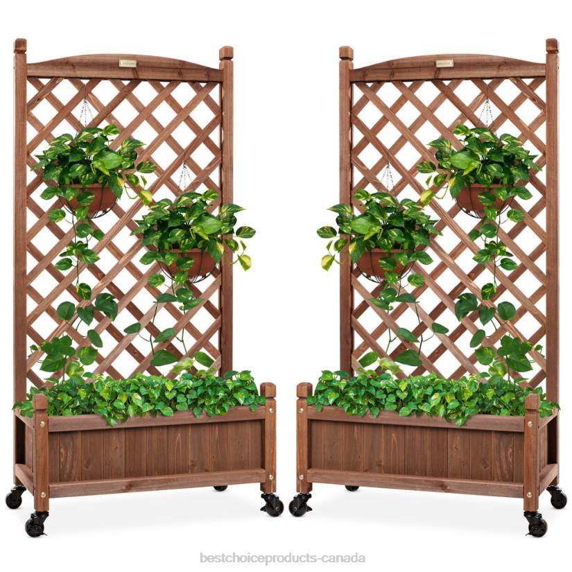 4LT2475 Brown Best Choice Products Set of 2 Wood Planter Box & Lattice Trellis w/ Optional Wheels