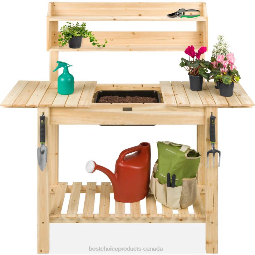 4LT2476 Natural Best Choice Products Wood Garden Potting Bench w/ Sliding Tabletop, Food Grade Dry Sink
