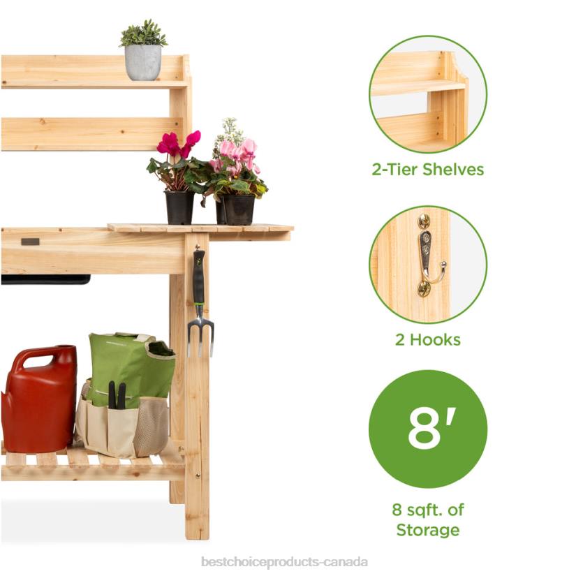 4LT2476 Natural Best Choice Products Wood Garden Potting Bench w/ Sliding Tabletop, Food Grade Dry Sink