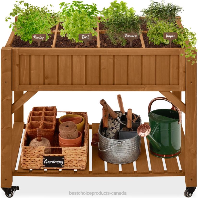 4LT2953 Acorn Brown Best Choice Products Elevated Mobile Pocket Herb Garden Bed w/ Lockable Wheels, Storage Shelf