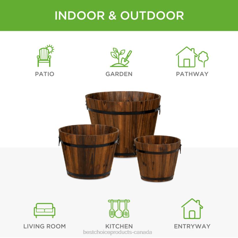 4LT2954 Brown Best Choice Products Set of 3 Rustic Wood Bucket Barrel Garden Planters Set w/ Drainage Holes