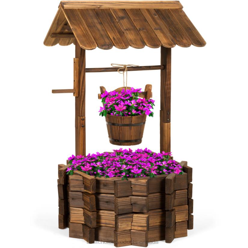 4LT2955 Brown Best Choice Products Rustic Wooden Wishing Well Planter Yard Decoration w/ Hanging Bucket