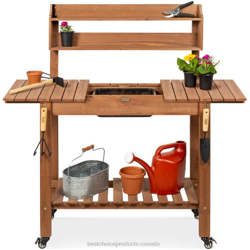 4LT2956 Brown Best Choice Products Wood Garden Potting Bench w/ Sliding Tabletop, Food Grade Dry Sink, Wheels