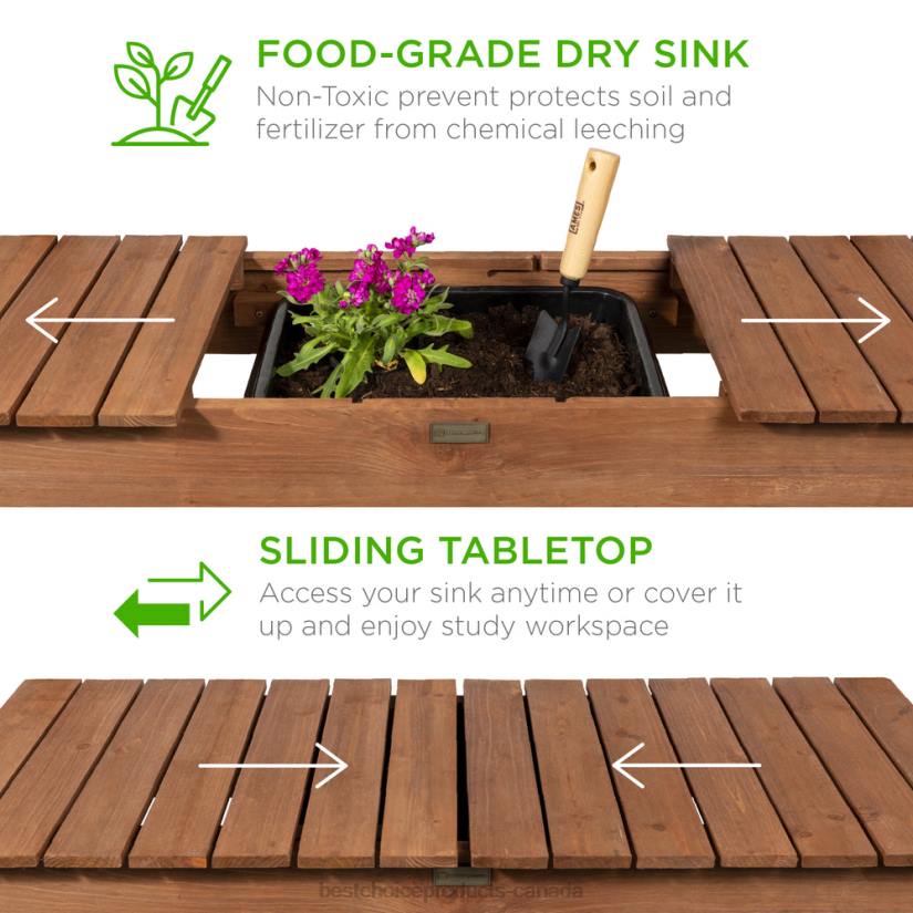 4LT2956 Brown Best Choice Products Wood Garden Potting Bench w/ Sliding Tabletop, Food Grade Dry Sink, Wheels