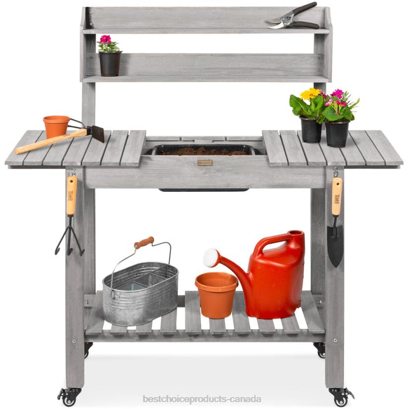 4LT2957 Gray Best Choice Products Wood Garden Potting Bench w/ Sliding Tabletop, Food Grade Dry Sink, Wheels