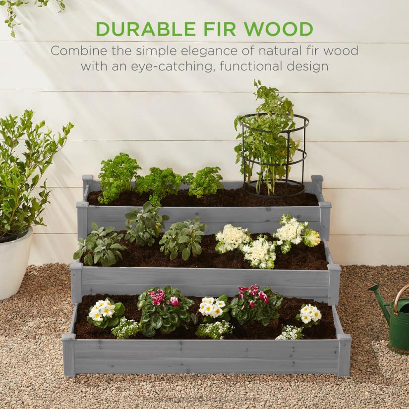 4LT2978 Gray Best Choice Products 3-Tier Raised Fir Wood Garden Bed Planter w/ Stackable & Flat Setup