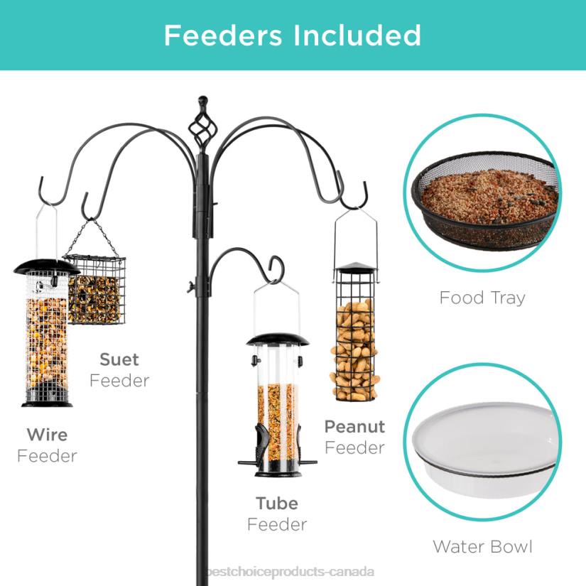 4LT2443 Black Best Choice Products Bird Feeding Station, 6-Hook Steel Multi-Feeder Stand w/ 4 Feeders