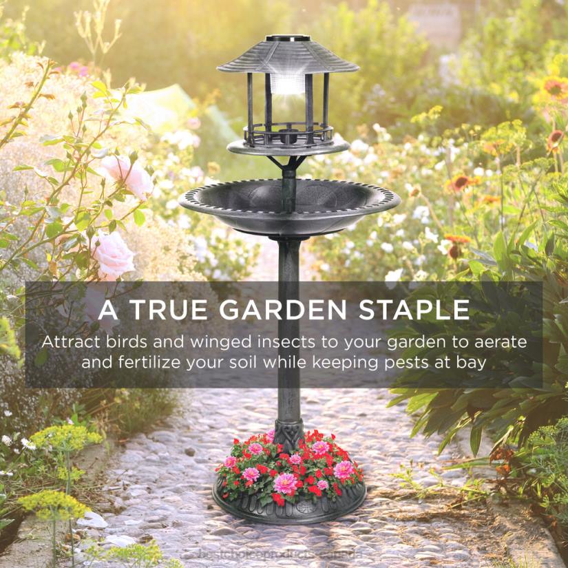 4LT2980 Stone Best Choice Products Solar Lighted Outdoor Pedestal Bird Bath w/ Planter, Decorative Bird Cage