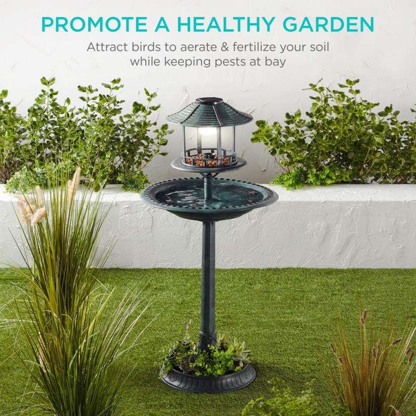 4LT2982 Green Best Choice Products Solar Lighted Outdoor Pedestal Bird Bath w/ Planter, Decorative Bird Cage