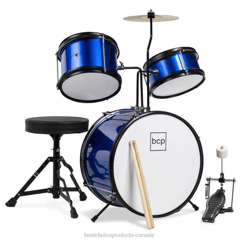 4LT2513 Blue Best Choice Products Kids Beginner 3-Piece Drum, Musical Instrument Set w/ Sticks, Stool, Pedal