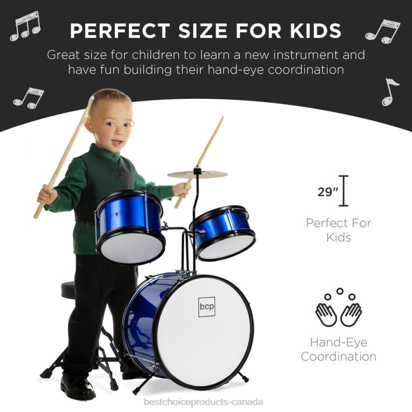 4LT2513 Blue Best Choice Products Kids Beginner 3-Piece Drum, Musical Instrument Set w/ Sticks, Stool, Pedal