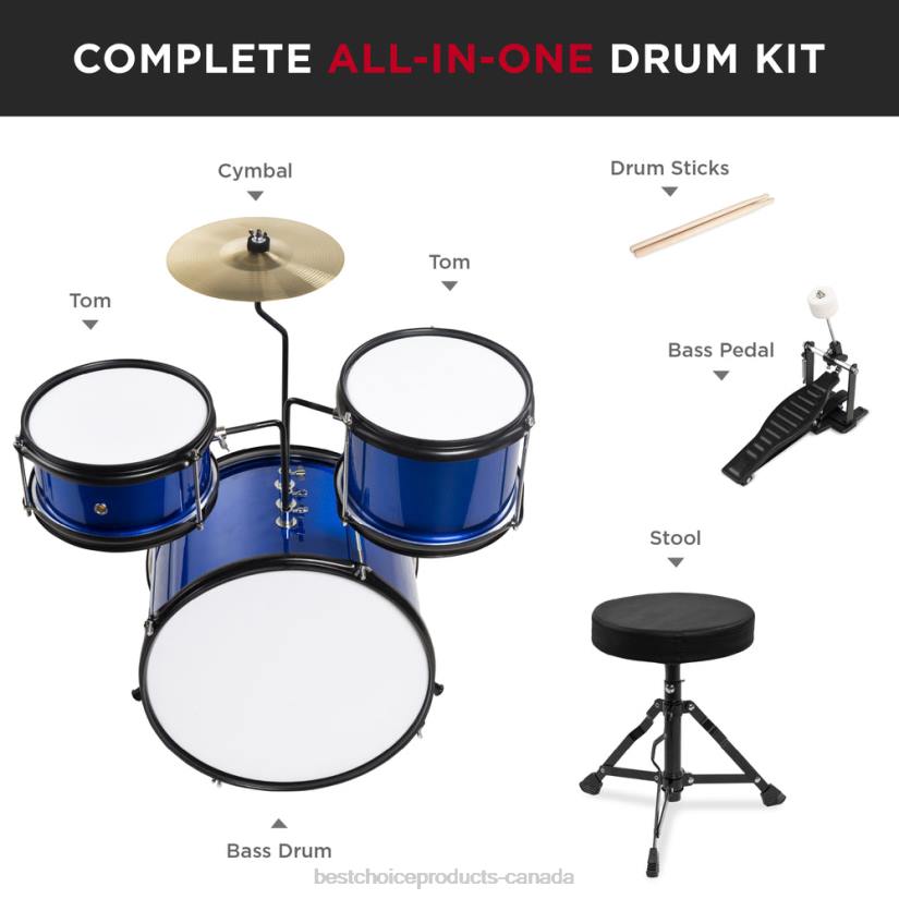 4LT2513 Blue Best Choice Products Kids Beginner 3-Piece Drum, Musical Instrument Set w/ Sticks, Stool, Pedal