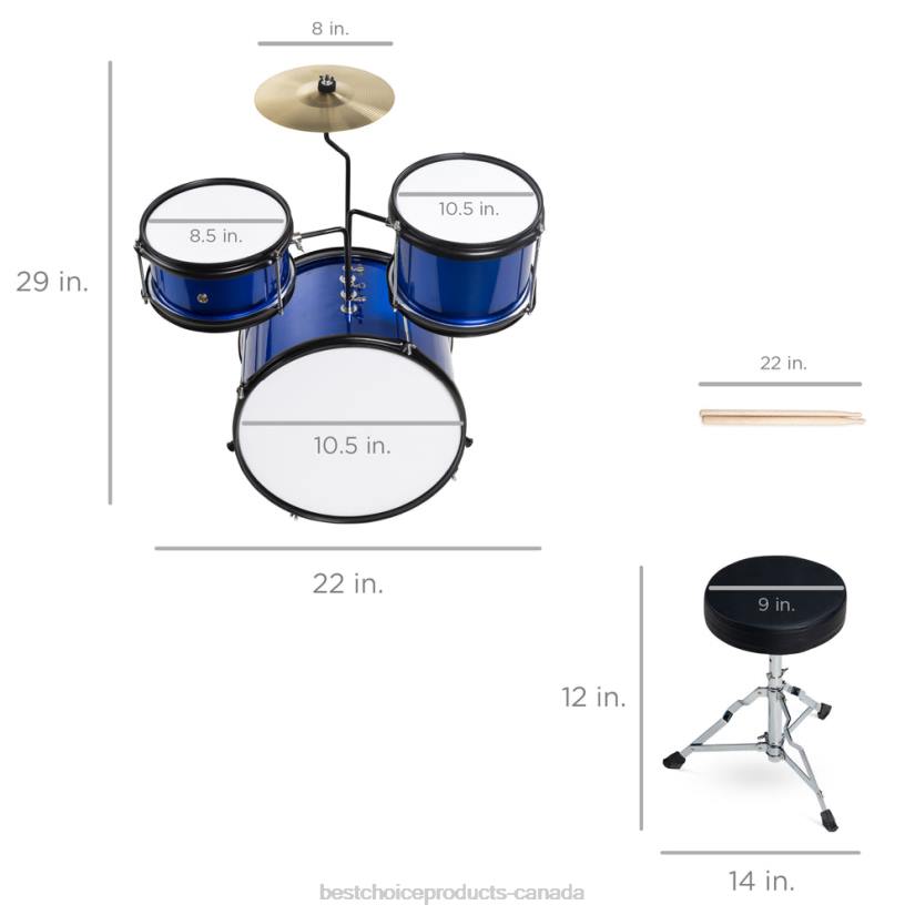 4LT2513 Blue Best Choice Products Kids Beginner 3-Piece Drum, Musical Instrument Set w/ Sticks, Stool, Pedal