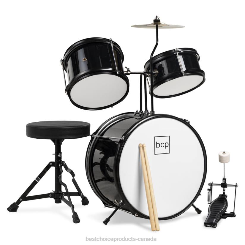 4LT2514 Black Best Choice Products Kids Beginner 3-Piece Drum, Musical Instrument Set w/ Sticks, Stool, Pedal