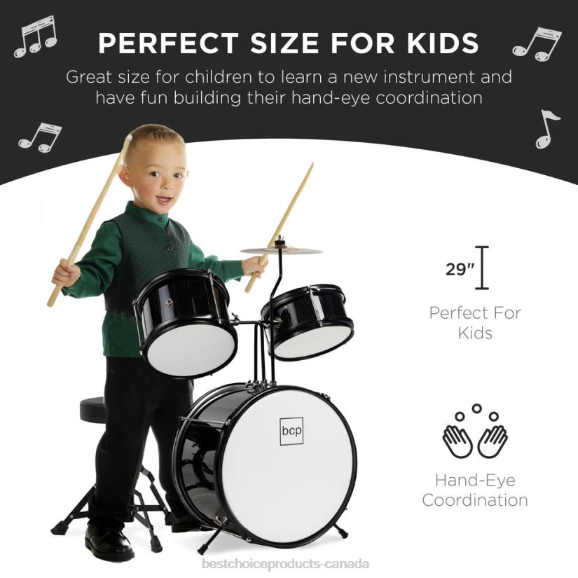 4LT2514 Black Best Choice Products Kids Beginner 3-Piece Drum, Musical Instrument Set w/ Sticks, Stool, Pedal