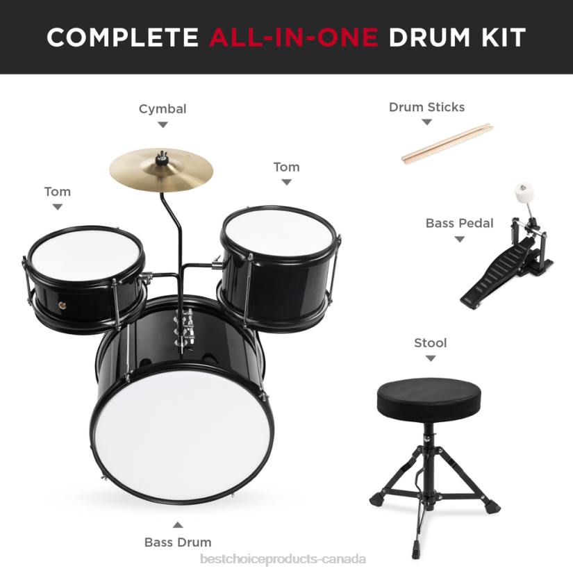 4LT2514 Black Best Choice Products Kids Beginner 3-Piece Drum, Musical Instrument Set w/ Sticks, Stool, Pedal