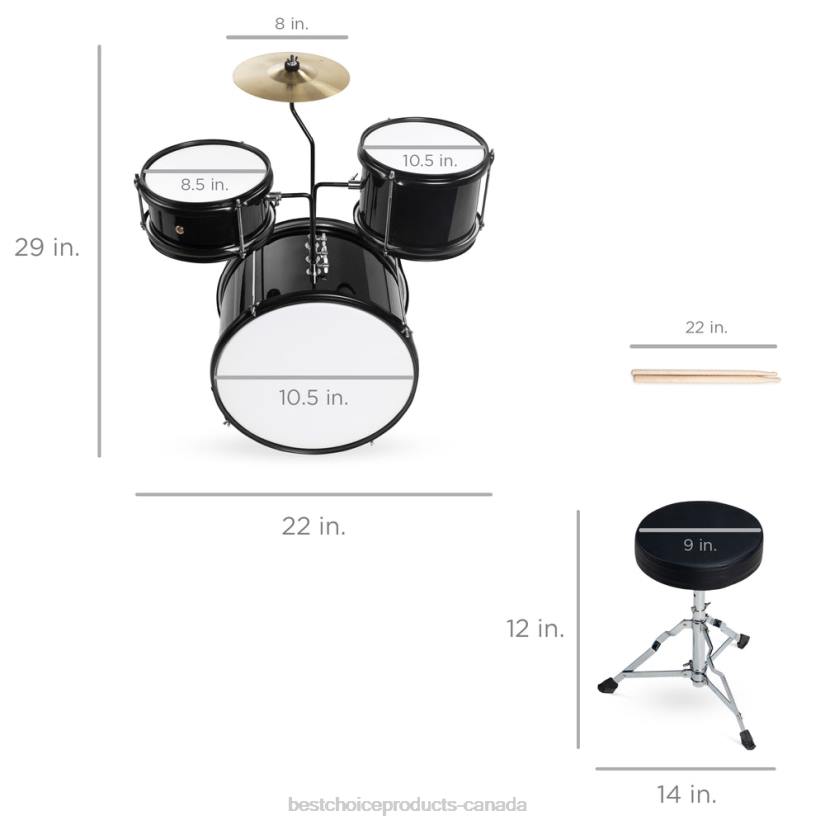 4LT2514 Black Best Choice Products Kids Beginner 3-Piece Drum, Musical Instrument Set w/ Sticks, Stool, Pedal