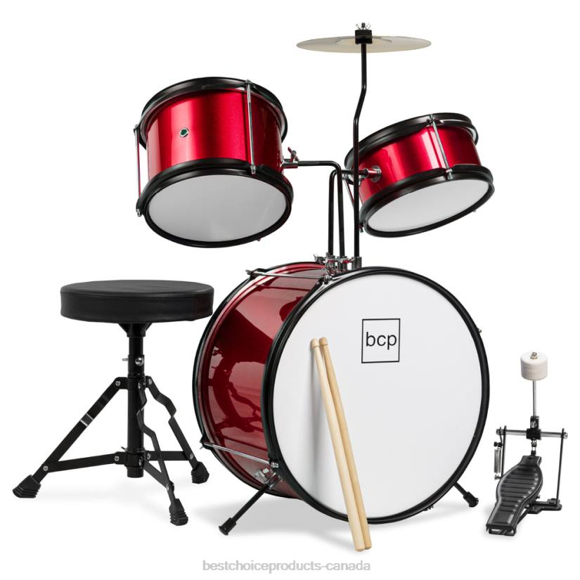 4LT2515 Red Best Choice Products Kids Beginner 3-Piece Drum, Musical Instrument Set w/ Sticks, Stool, Pedal