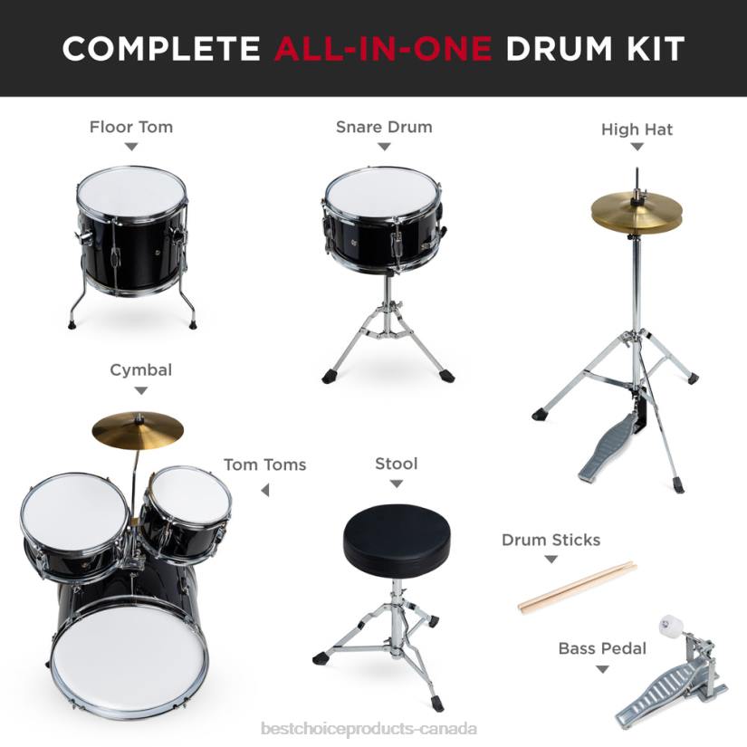 4LT2543 Black Best Choice Products Kids Beginner All Wood Acoustic Drum Kit Starter Set w/ Stool, Drumsticks