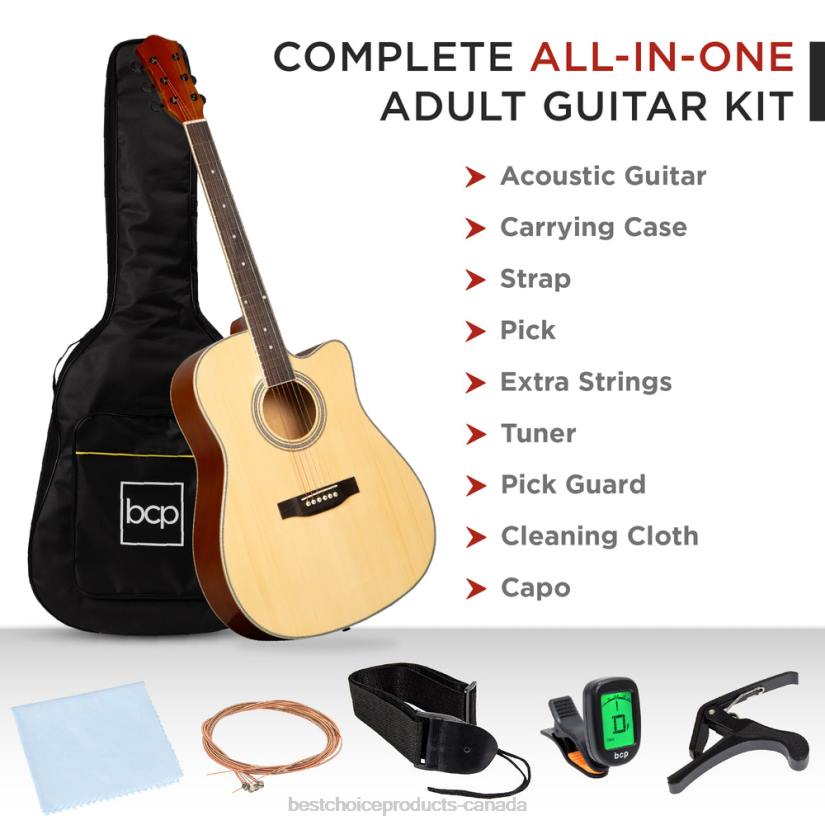 4LT21069 Natural Best Choice Products Full Size Beginner Acoustic Guitar Set with Case, Strap, Capo