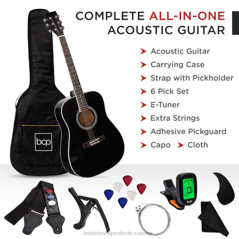 4LT21074 Black Best Choice Products 41in Acoustic Guitar Starter Kit w/ Digital Tuner, Padded Case, Picks, Strap