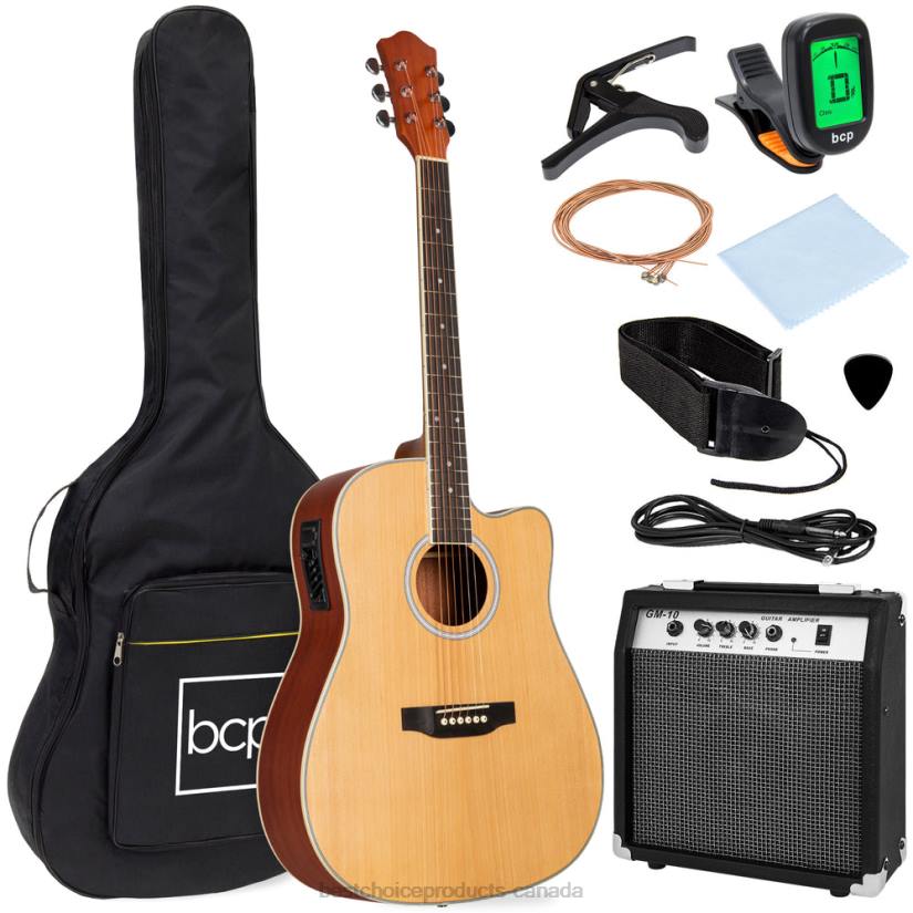 4LT21093 Natural Best Choice Products Beginner Acoustic Electric Cutaway Guitar Set w/ Case, Strap