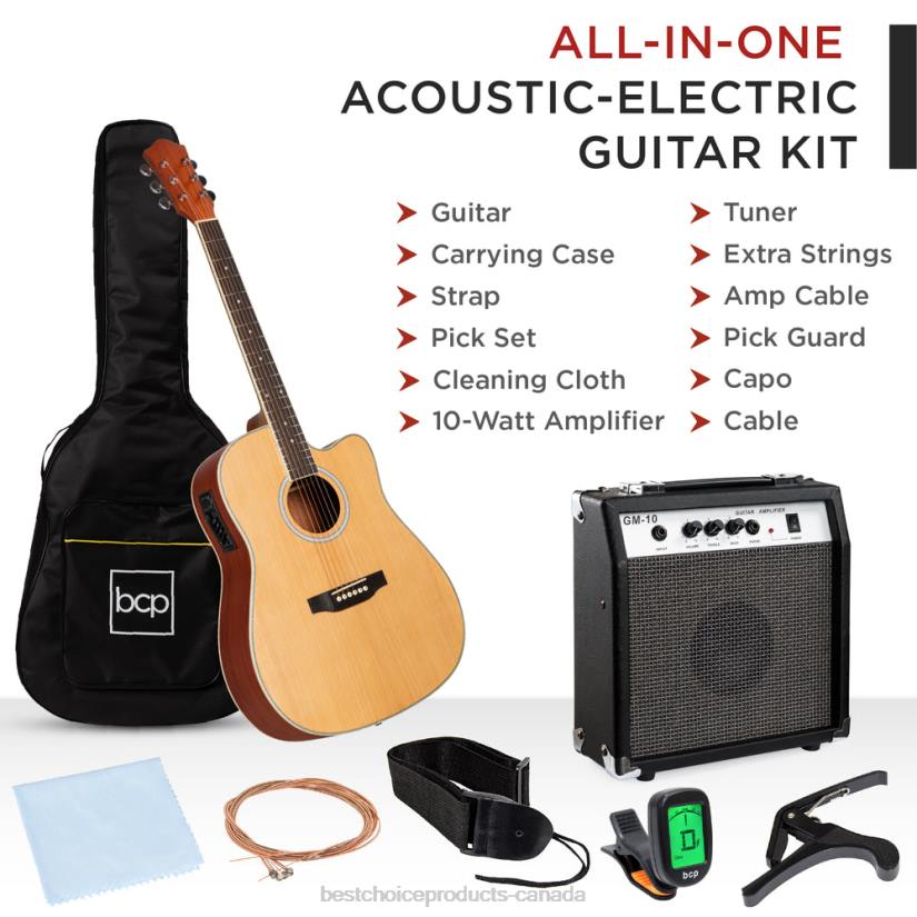 4LT21093 Natural Best Choice Products Beginner Acoustic Electric Cutaway Guitar Set w/ Case, Strap