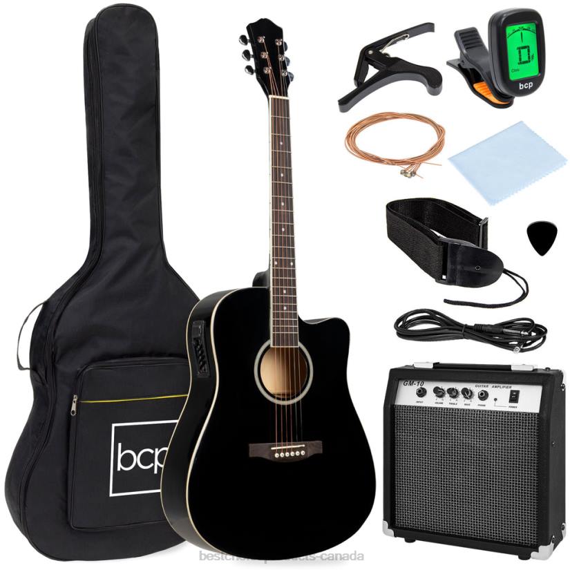 4LT21094 Black Best Choice Products Beginner Acoustic Electric Cutaway Guitar Set w/ Case, Strap