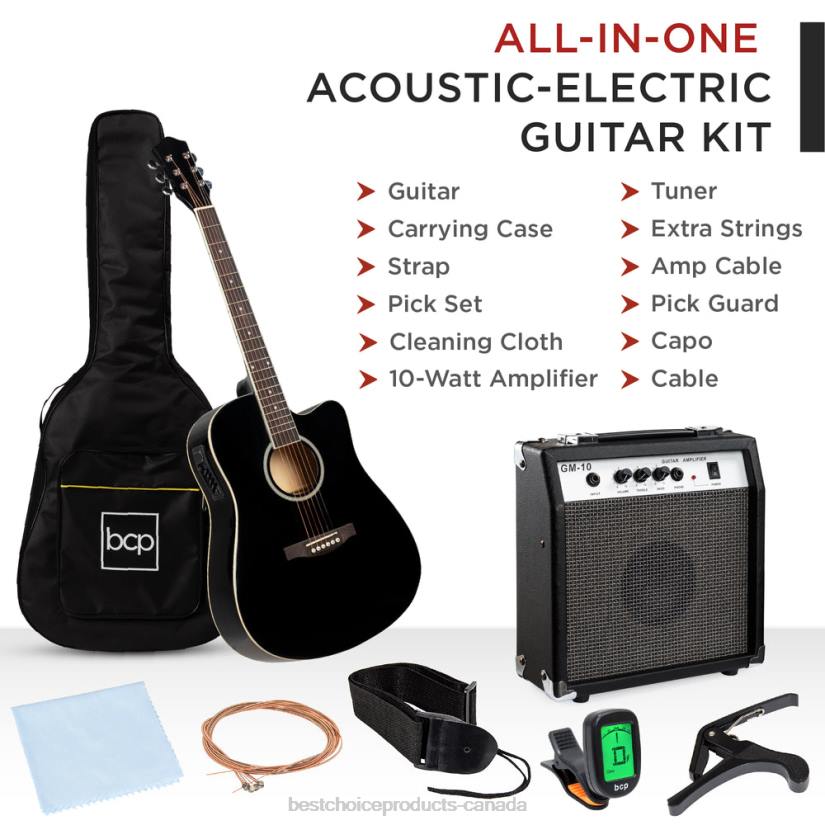 4LT21094 Black Best Choice Products Beginner Acoustic Electric Cutaway Guitar Set w/ Case, Strap