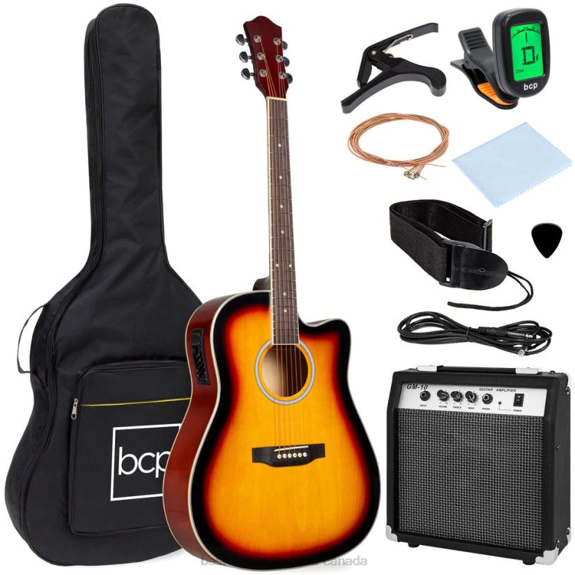 4LT21095 Sunburst Best Choice Products Beginner Acoustic Electric Cutaway Guitar Set w/ Case, Strap