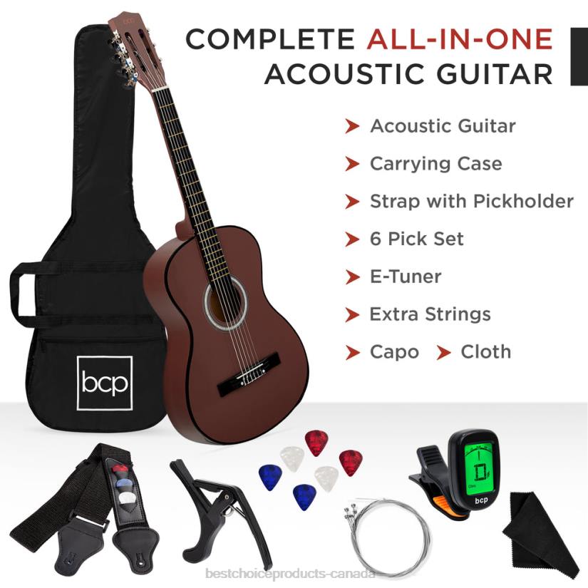 4LT21119 Dark Brown Best Choice Products Beginner Acoustic Guitar Set w/ Case, Strap, Digital Tuner, Strings