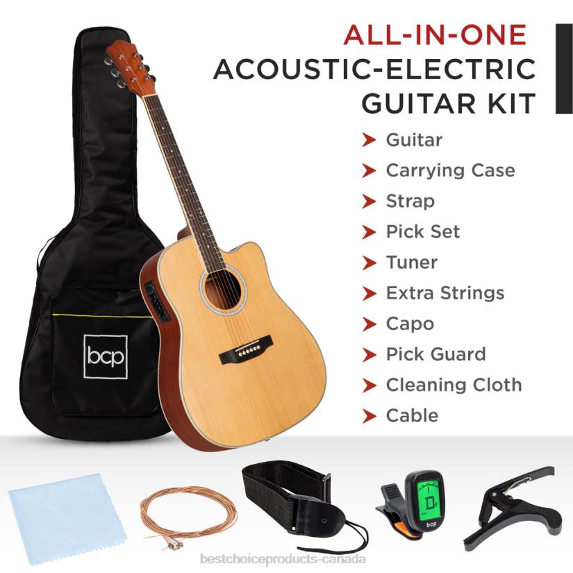 4LT21139 Natural Best Choice Products 41in Beginner Acoustic Electric Cutaway Guitar Set w/ Case, Strap