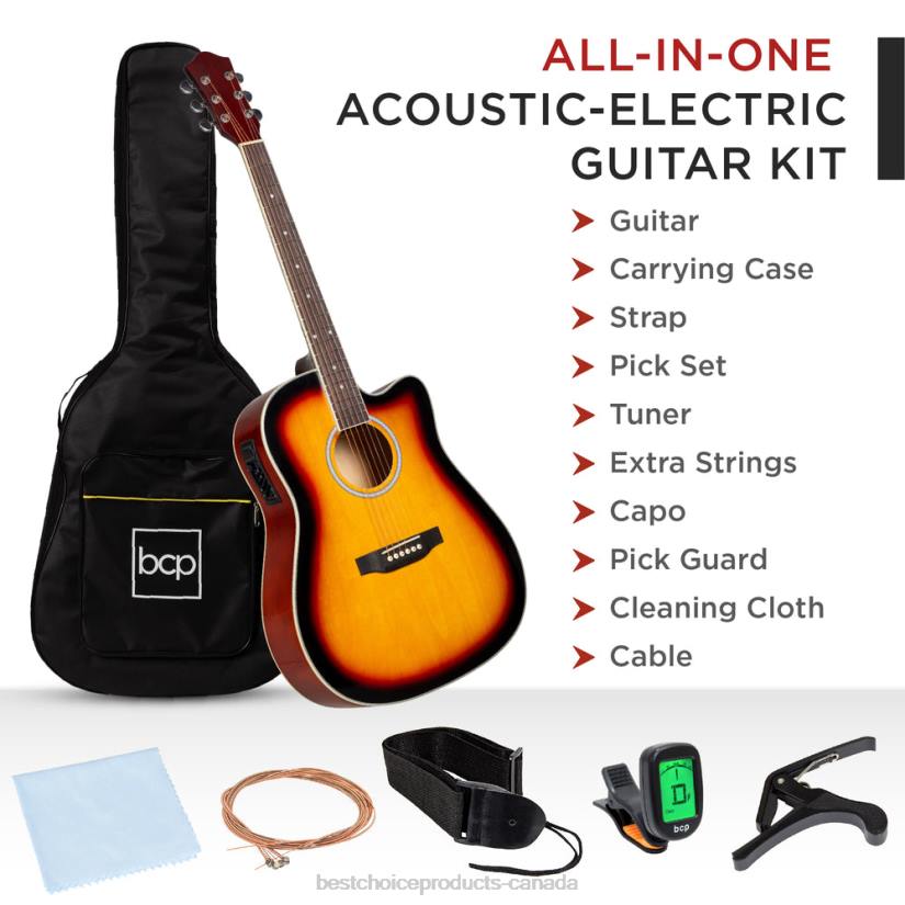 4LT21140 Sunburst Best Choice Products 41in Beginner Acoustic Electric Cutaway Guitar Set w/ Case, Strap