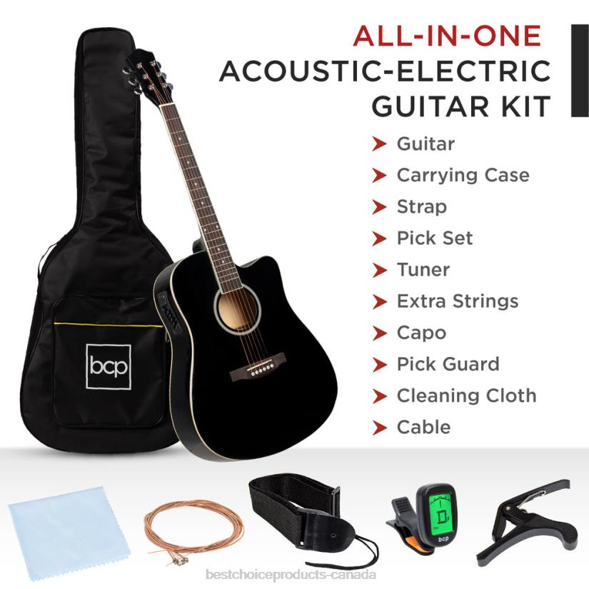 4LT21141 Black Best Choice Products 41in Beginner Acoustic Electric Cutaway Guitar Set w/ Case, Strap
