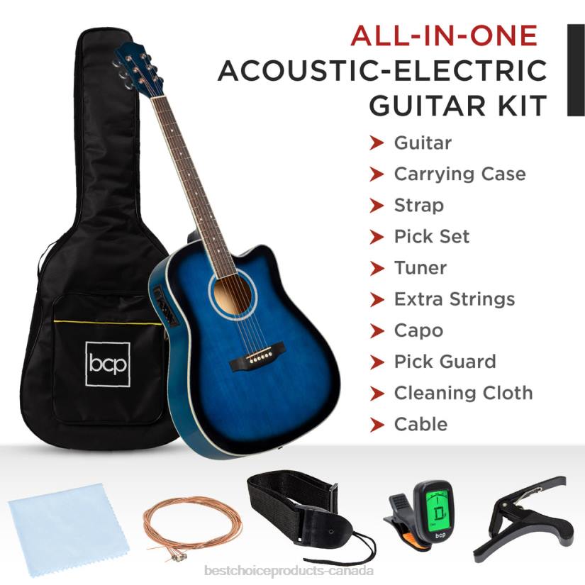 4LT21142 Blue Best Choice Products 41in Beginner Acoustic Electric Cutaway Guitar Set w/ Case, Strap