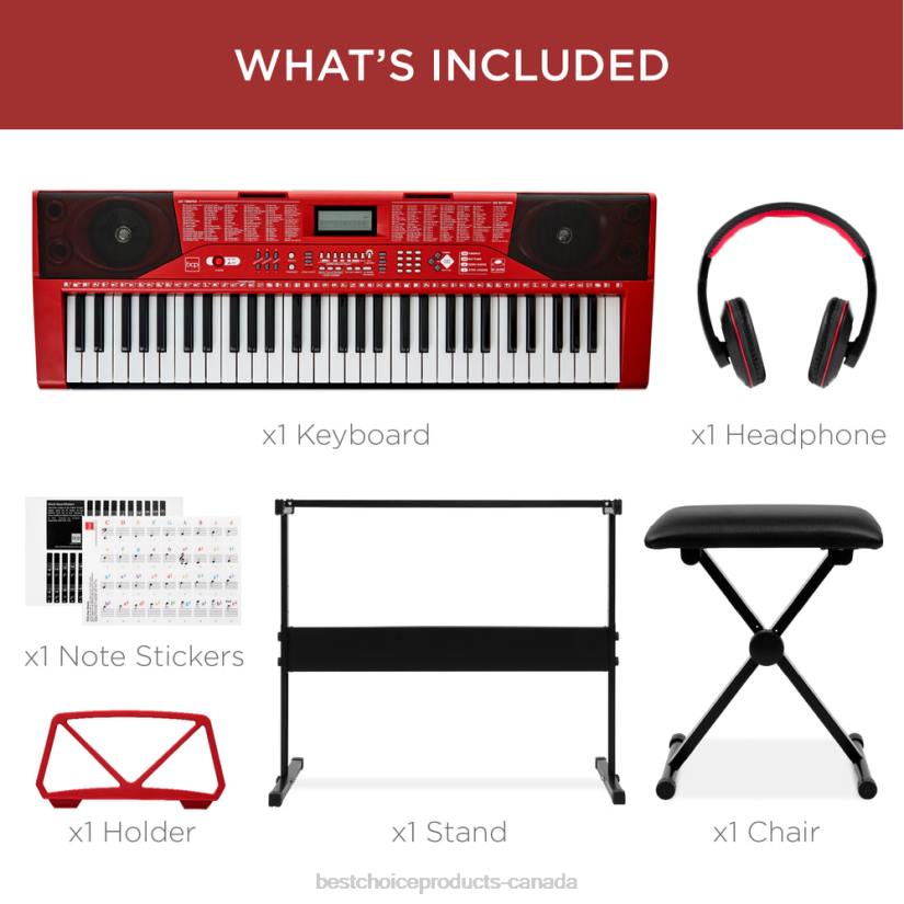 4LT21134 Red Best Choice Products 61-Key Beginners Electronic Keyboard Piano Set w/ Lighted Keys, Headphones