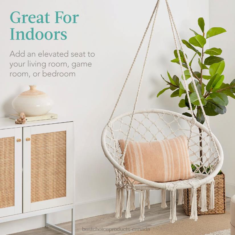 4LT21464 Beige Best Choice Products Cotton Macrame Hammock Hanging Chair Swing, Handwoven w/ Backrest