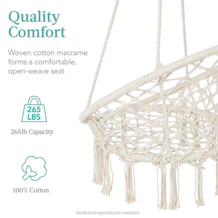 4LT21464 Beige Best Choice Products Cotton Macrame Hammock Hanging Chair Swing, Handwoven w/ Backrest