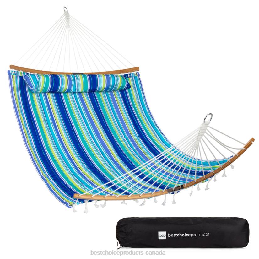 4LT2432 Blue/Green Stripe Best Choice Products 2-Person Quilted Portable Hammock w/ Curved Bamboo Spreader Bar, Carry Bag