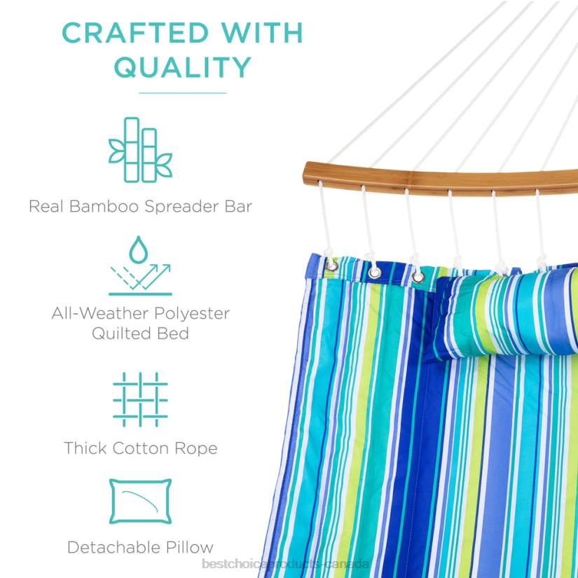 4LT2432 Blue/Green Stripe Best Choice Products 2-Person Quilted Portable Hammock w/ Curved Bamboo Spreader Bar, Carry Bag