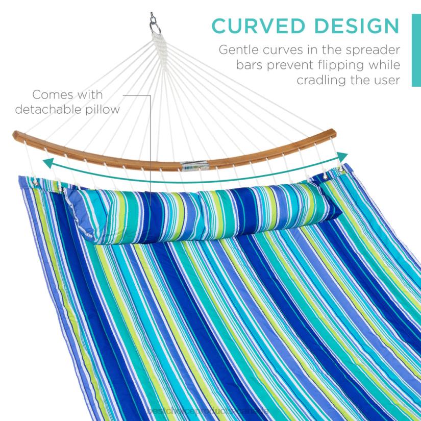 4LT2432 Blue/Green Stripe Best Choice Products 2-Person Quilted Portable Hammock w/ Curved Bamboo Spreader Bar, Carry Bag